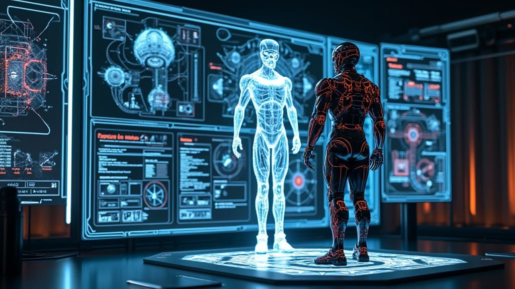 Futuristic Robotic Suit Unveiled on Neon-Lit Computer Screen