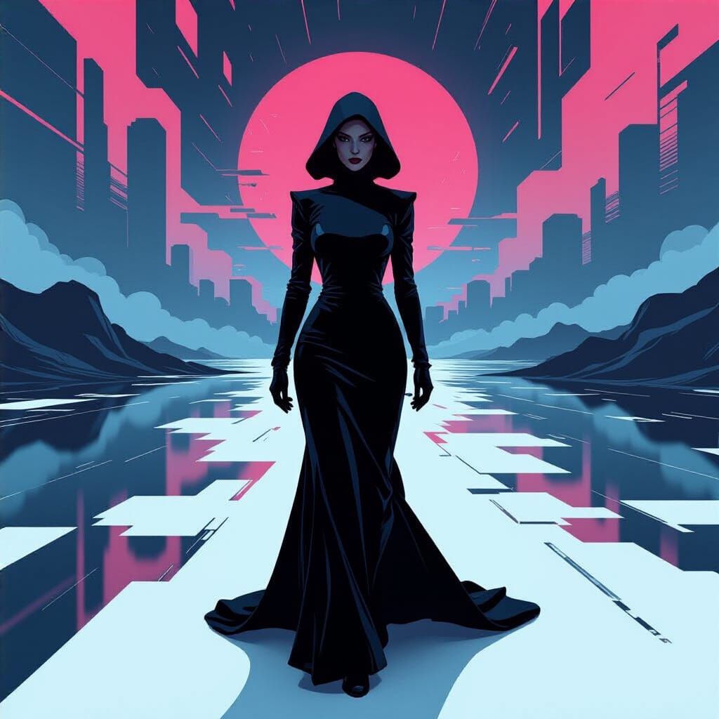 Woman Disappearing into Digital Pixel Landscape in Retro-Fut...