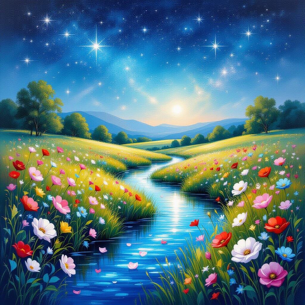Magical Flower Meadow at Night, as Oil Painting