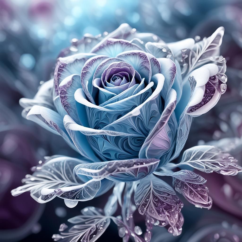 Frozen Rose with Fractal Patterns in Icy Blue