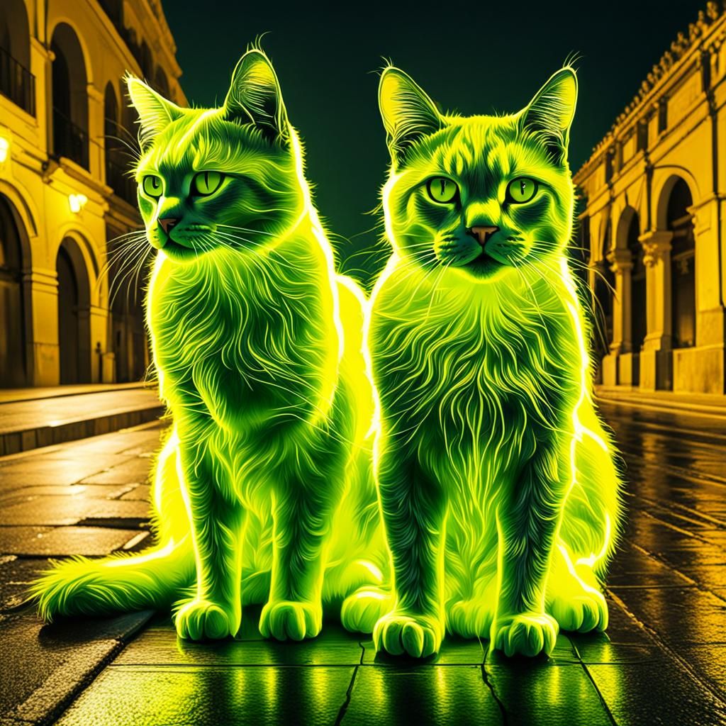 Neon Yellow Kitties in Spain, Hyperrealistic Image