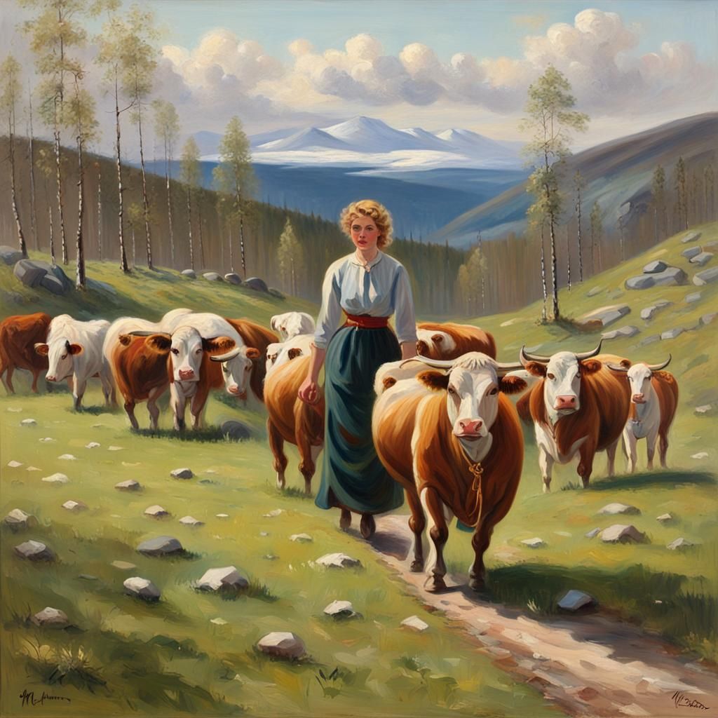 Swedish Highlands: Woman Herding Cows, Oil Painting