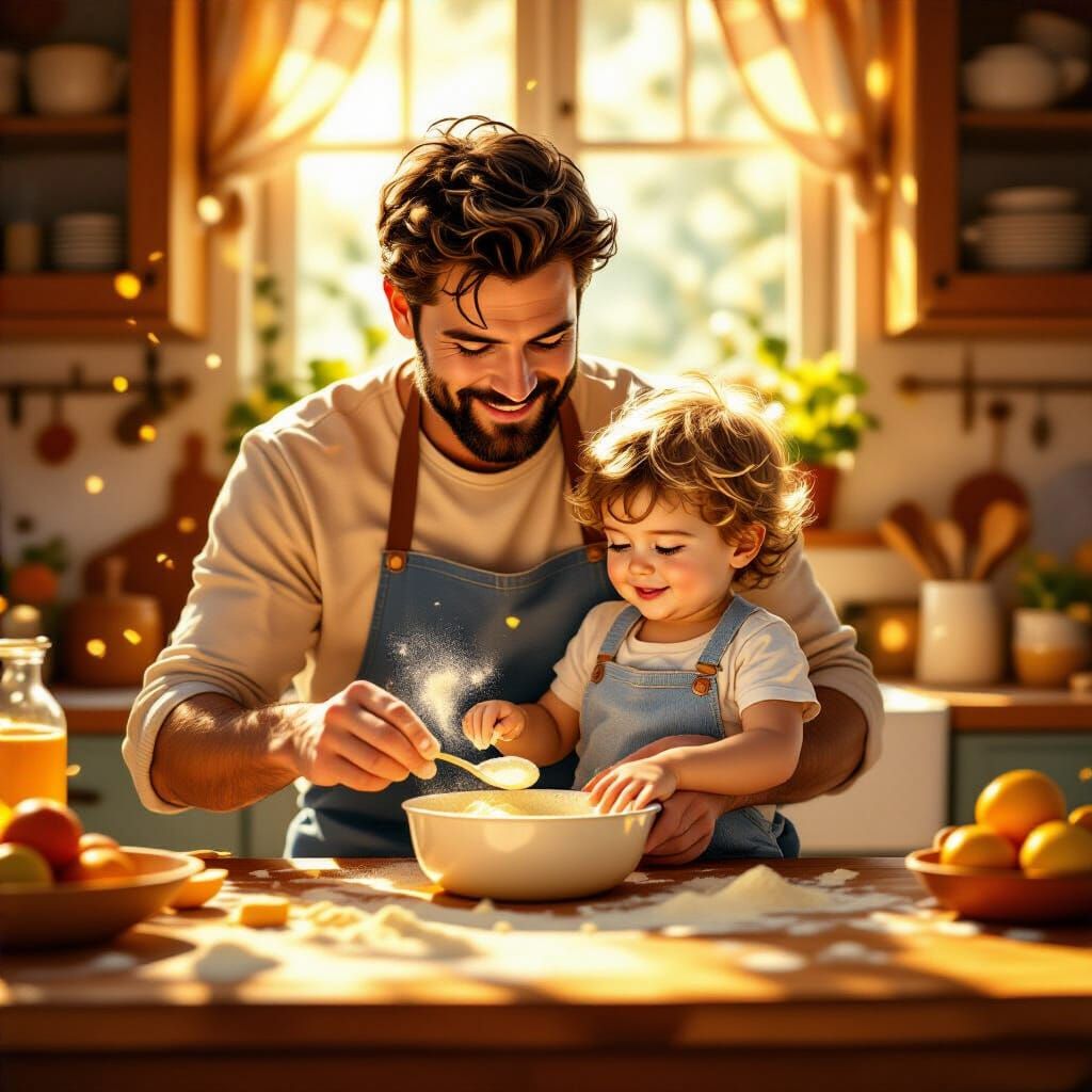 Father and Toddler Cooking: Stylized Digital Painting