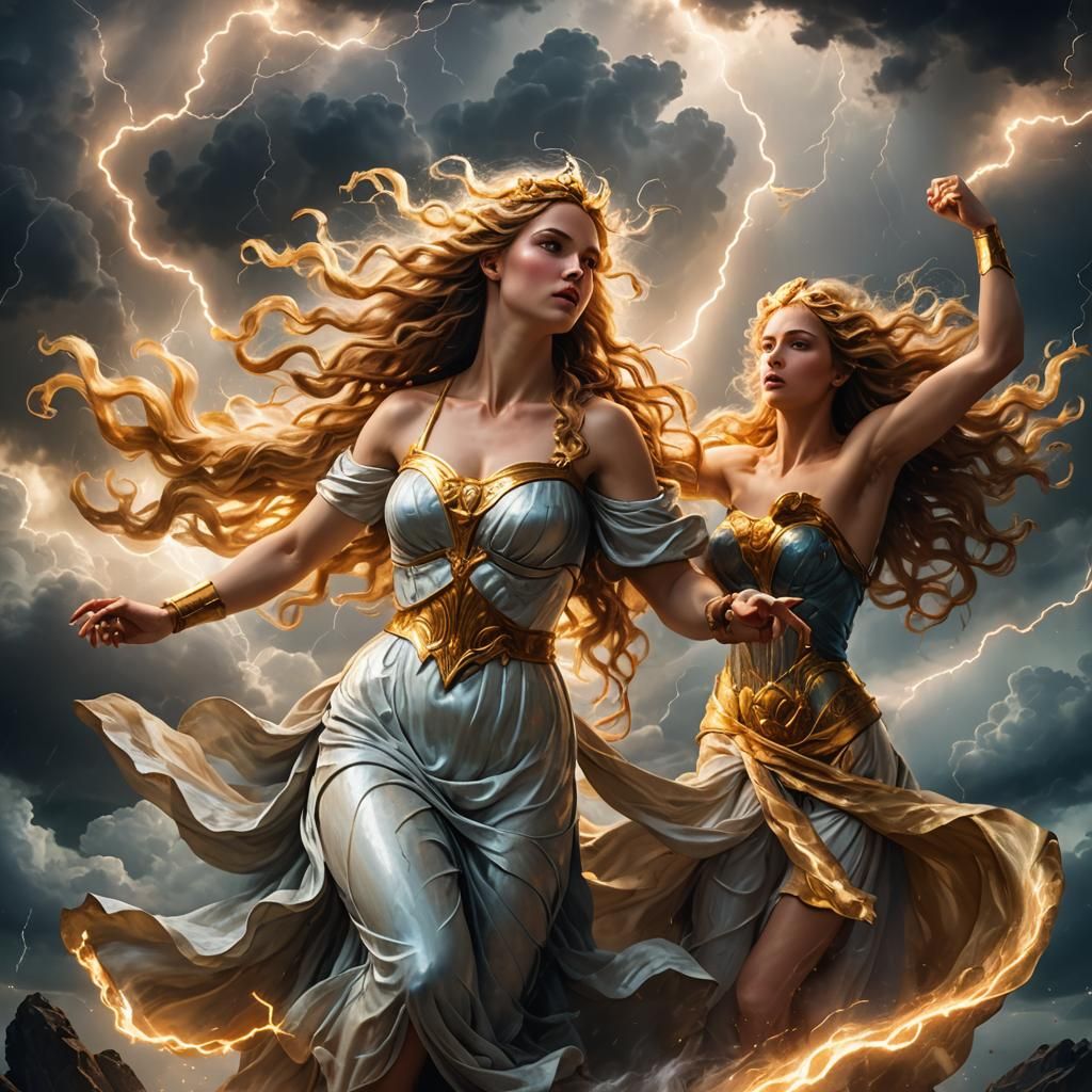 Aphrodite and Hera Clash in Stormy Sky