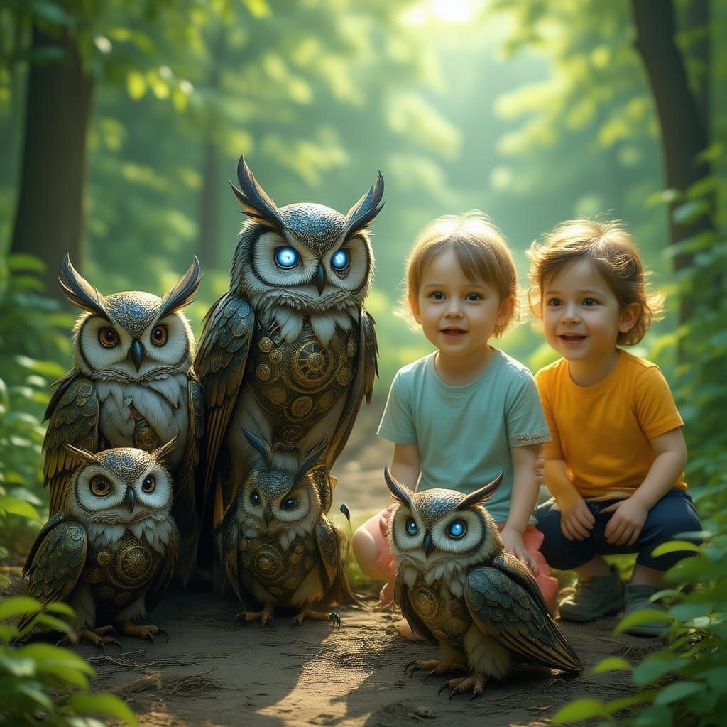 Mechanical Owl Perched on Ancient Ruins