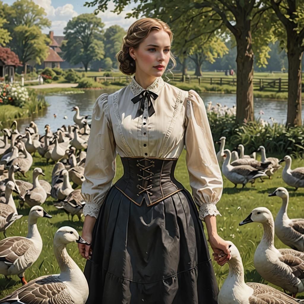 Woman Feeding Geese in Formal Attire
