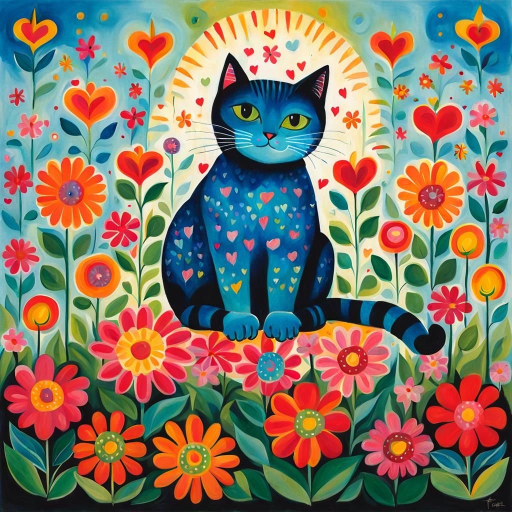 Cat with Flowers in Abstract Expressionist Style