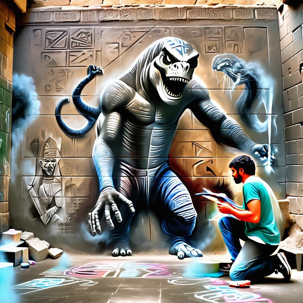 Street Chalk Art Monster Breaks Through Pyramid Wall