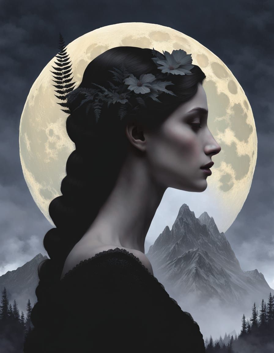 Gothic Woman Silhouette with Moon and Floral Frame