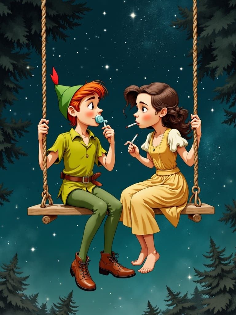 Peter Pan and Wendy Swing Under a Starry Night Sky