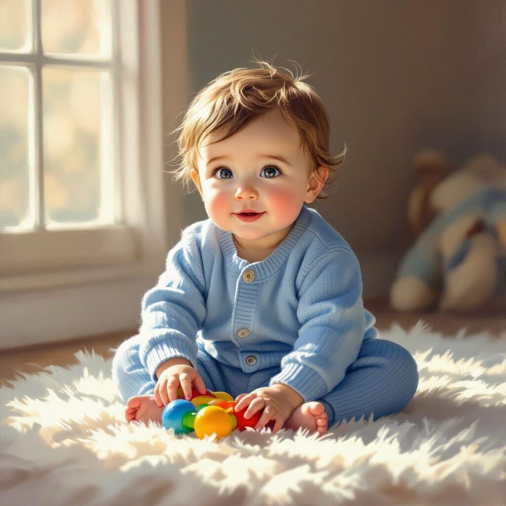 Charming Baby Boy in Blue Onesie with Toy