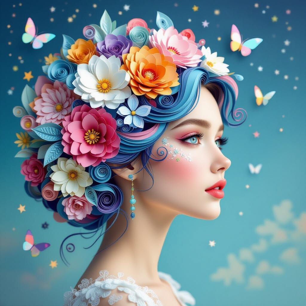 A young woman, light-skinned, is depicted in profile view, h...