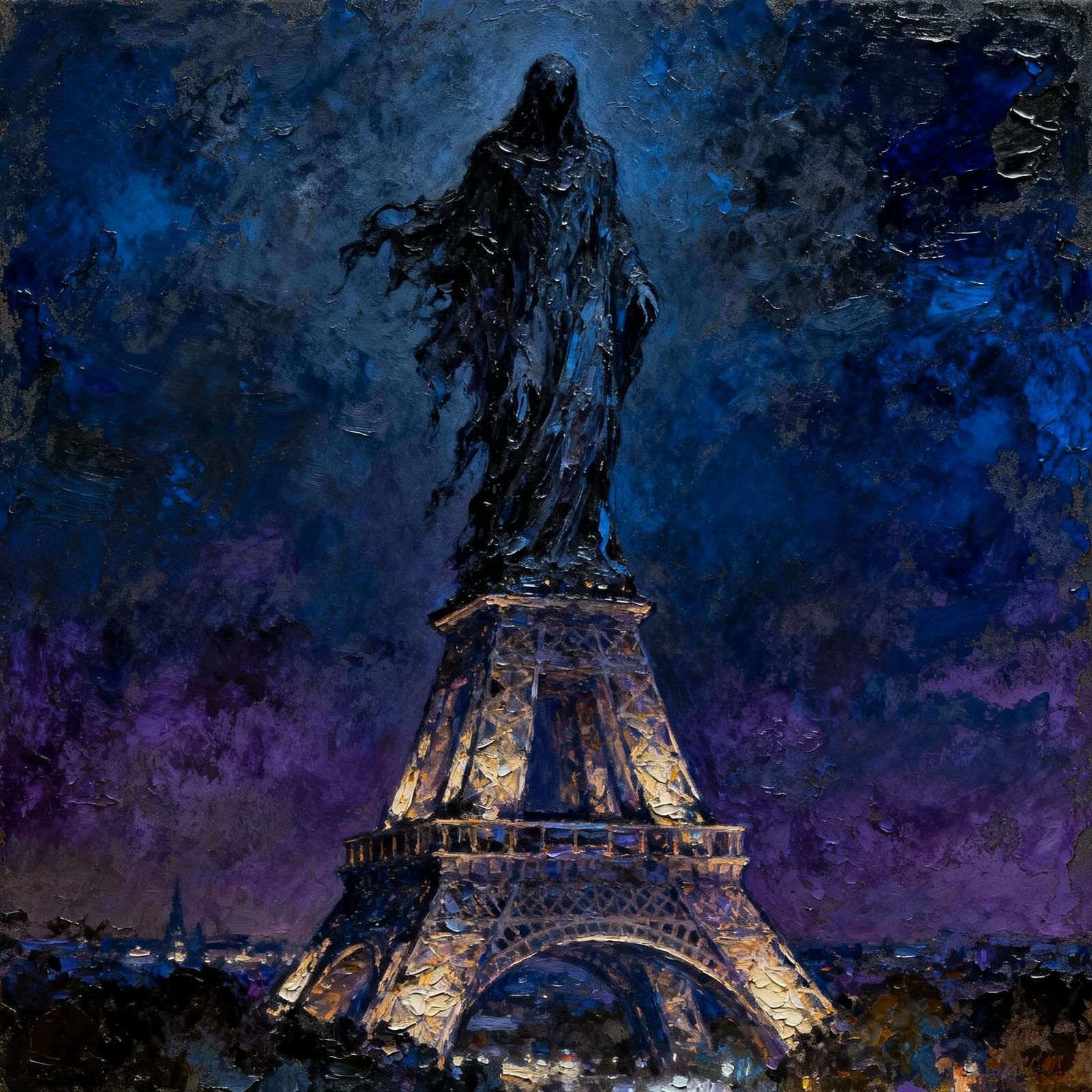 Spectral Ghost Haunts Eiffel Tower in Expressionist Painting