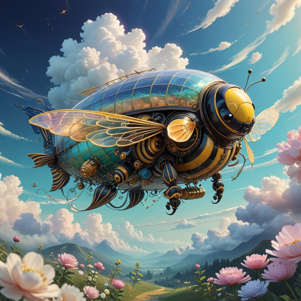 Dreamy Bumblebee Airship Soars Through Iridescent Skies