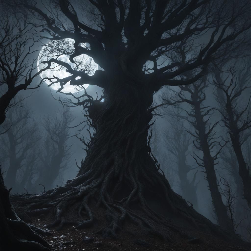The haunted woods, living trees, solo silhouette, full moon ...