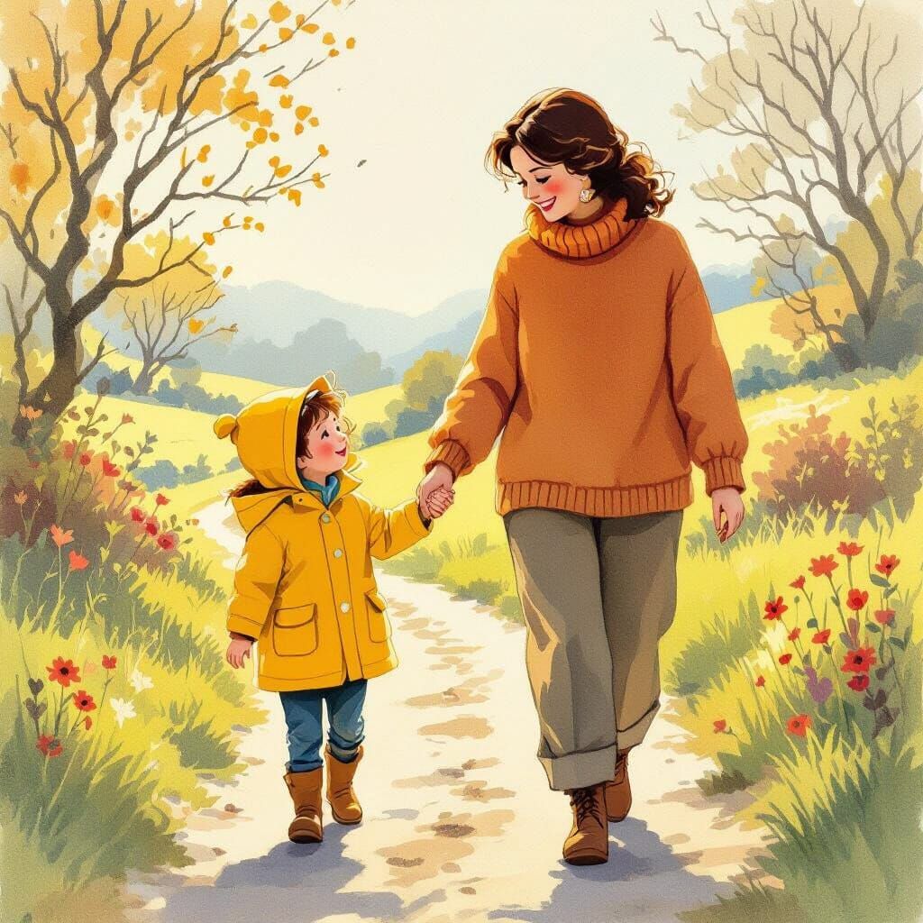 Teacher and Child Walk Hand-in-Hand in Sunlit Landscape