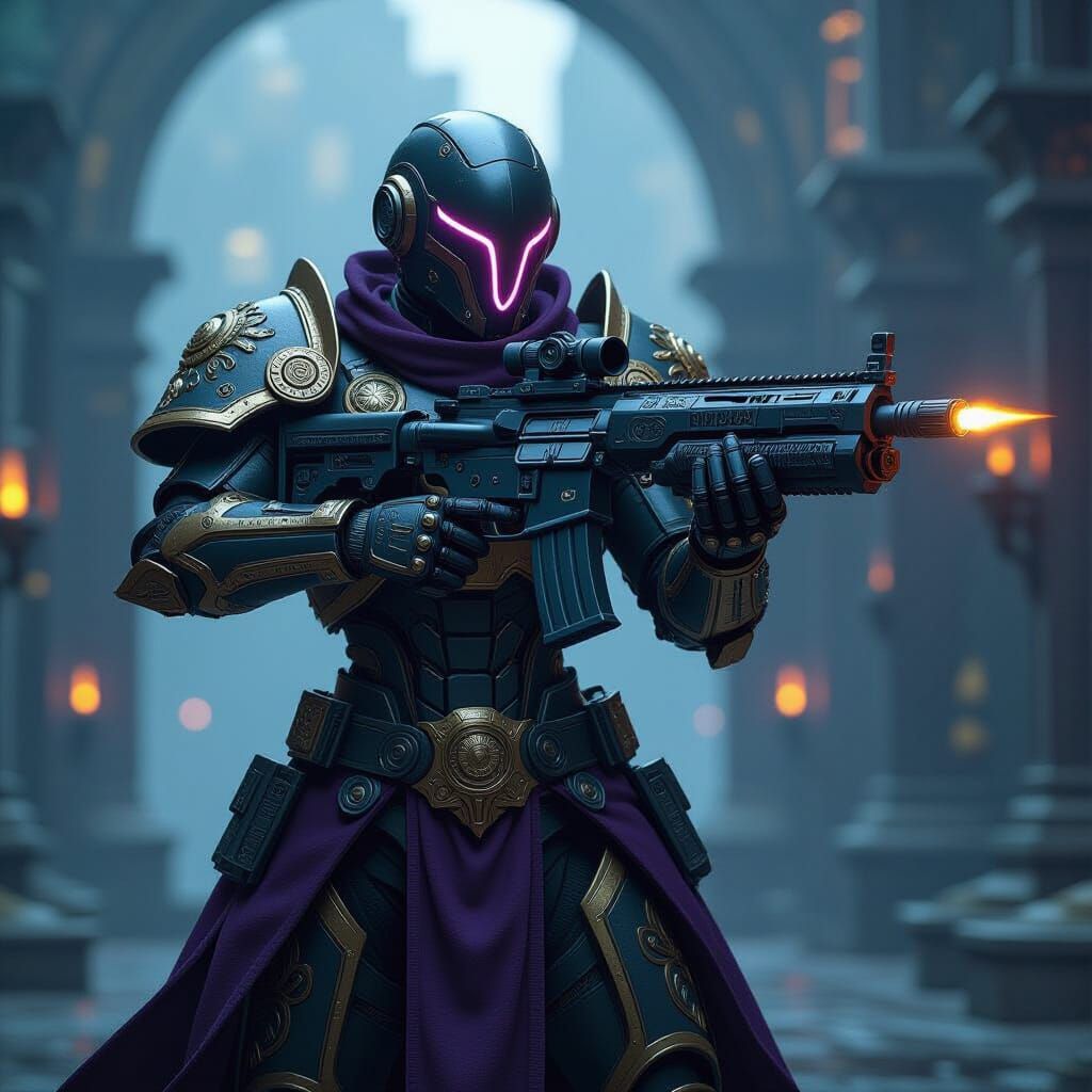 Robot Warrior with Intricate Gun in Mystical Realm