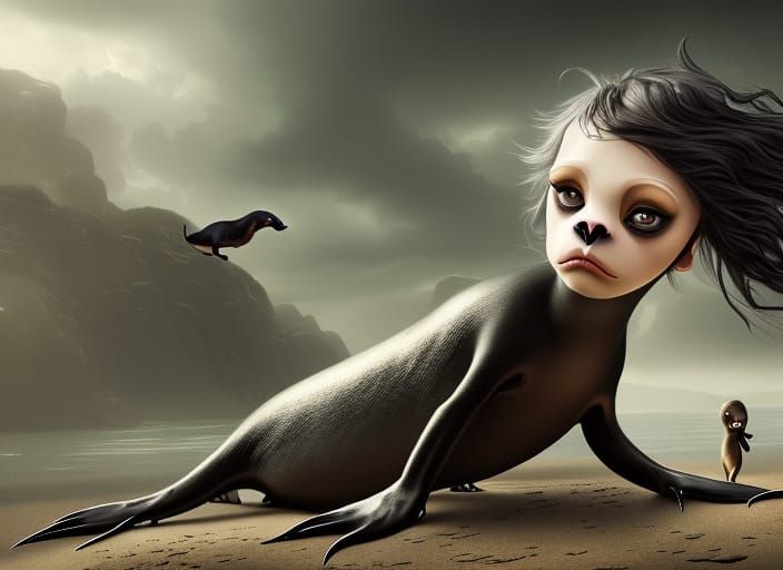 Girl toddler riding giant sea lion