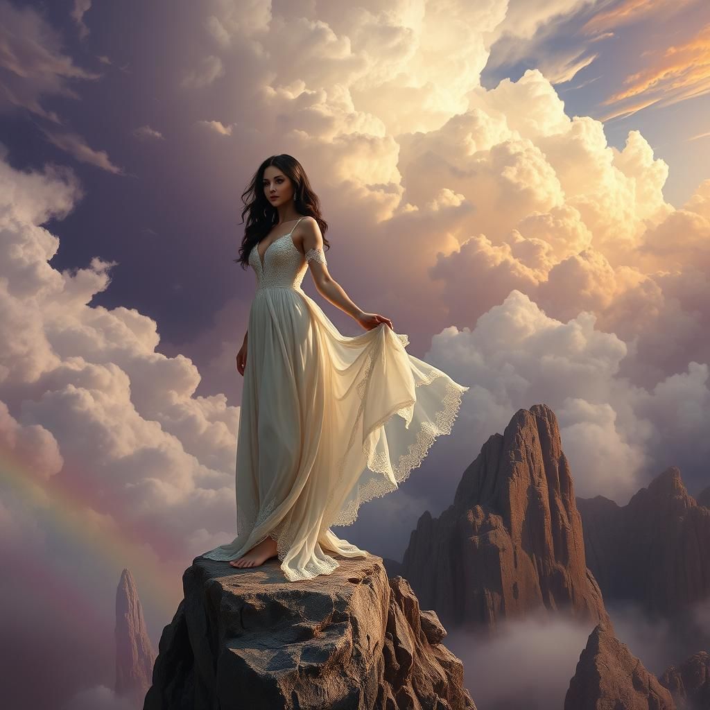 Woman on Rocky Precipice in Rococo Style