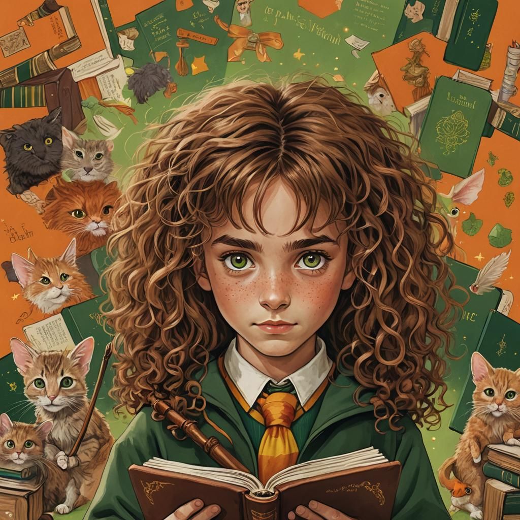 Hermione Granger and Crookshanks Split Portrait