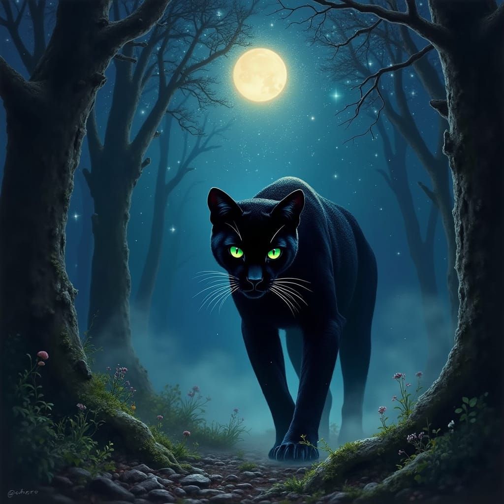 Black Cat Prowls Enchanted Forest Under Starlight