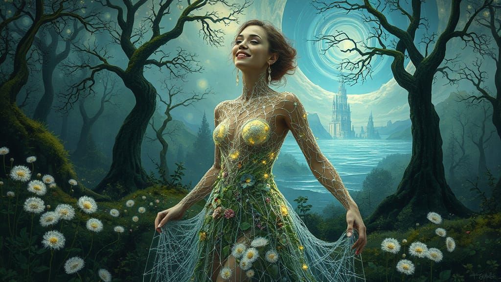 Ethereal Filigree Woman in Bioluminescent Forest