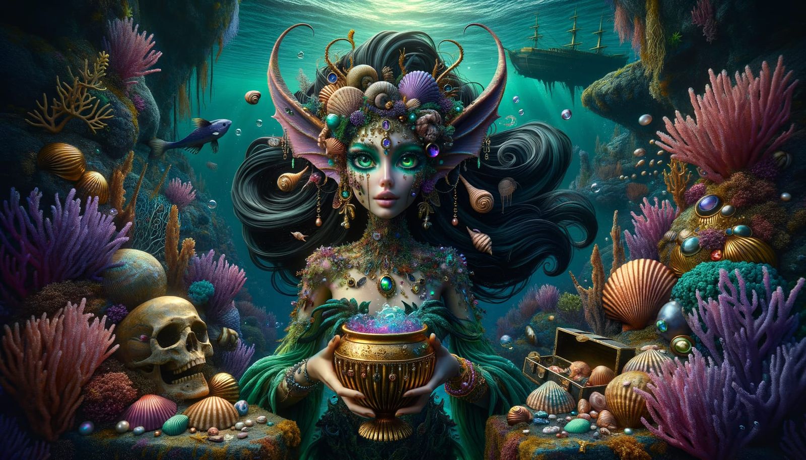 an underwater closeup of a beautiful mermaid with long curve...