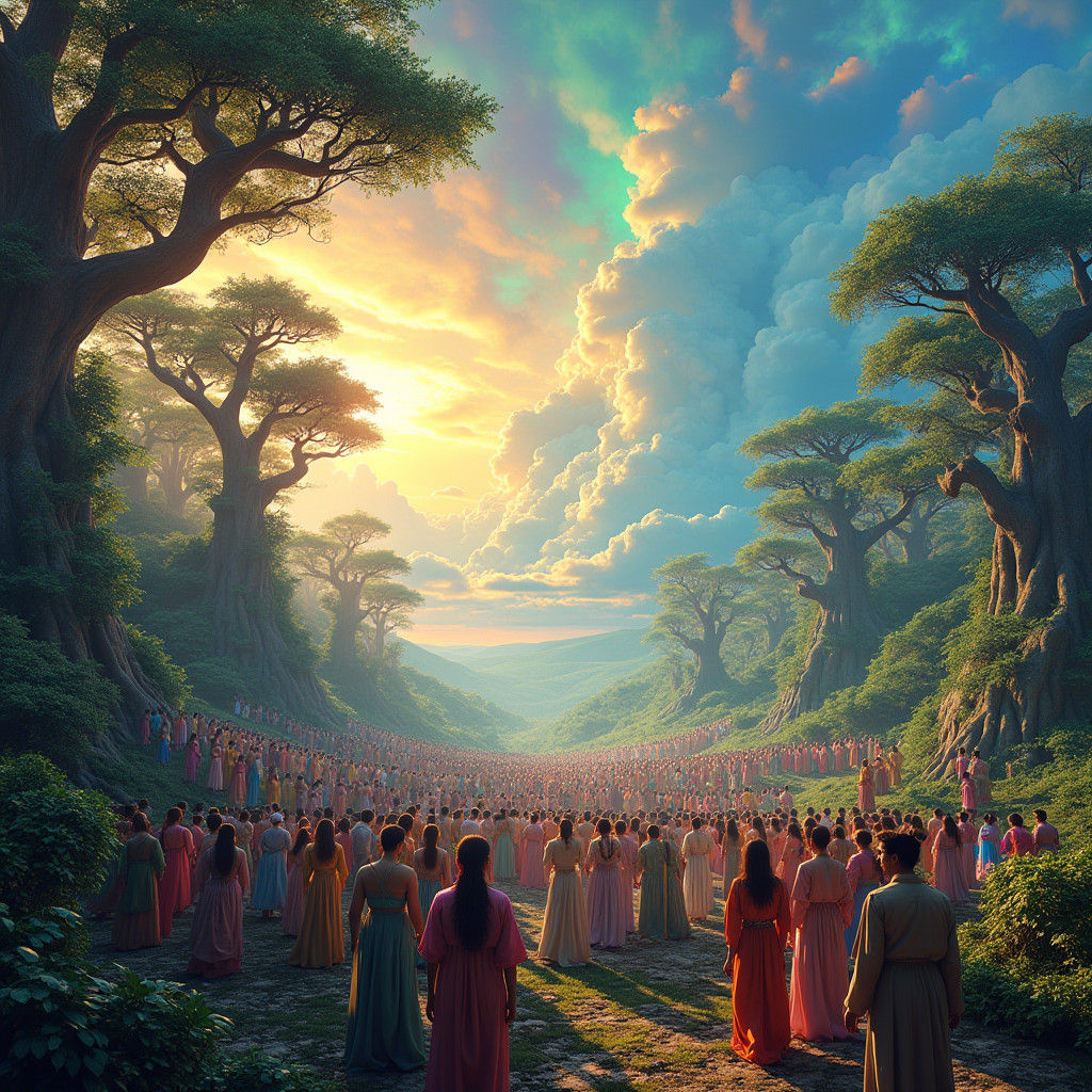 Utopian Gathering in Emerald Forest, Digital Art