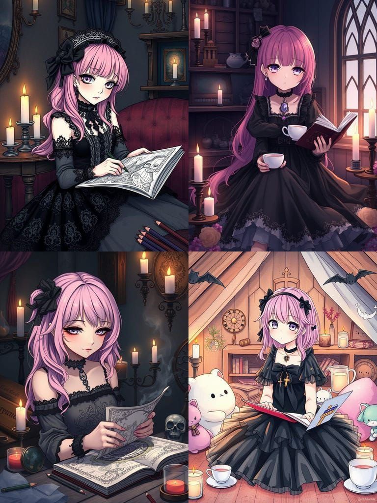 Gothic Girl Enjoys Cozy Moments with Coloring Books