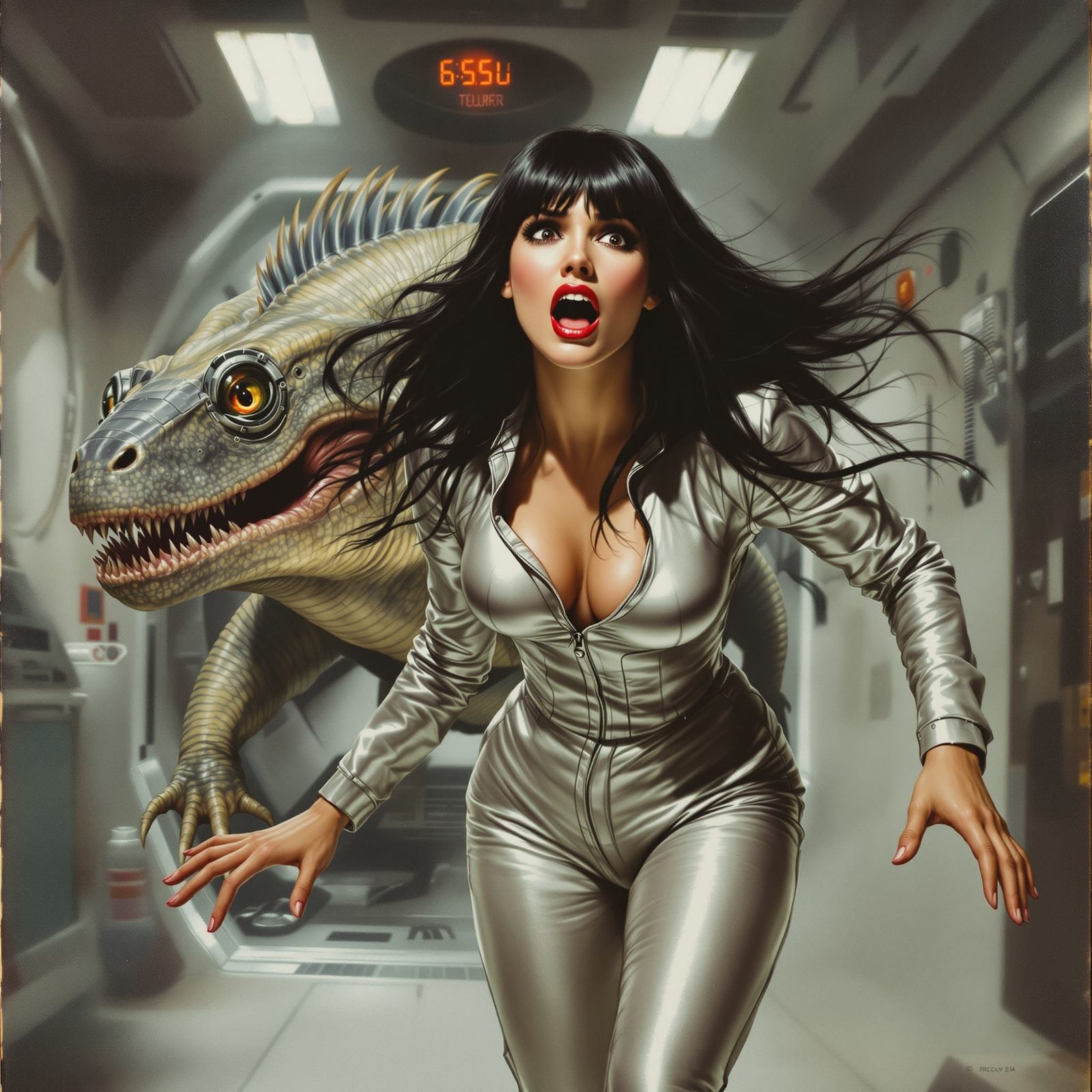 Terrified Woman Fleeing Lizard in Retro Sci-Fi Painting