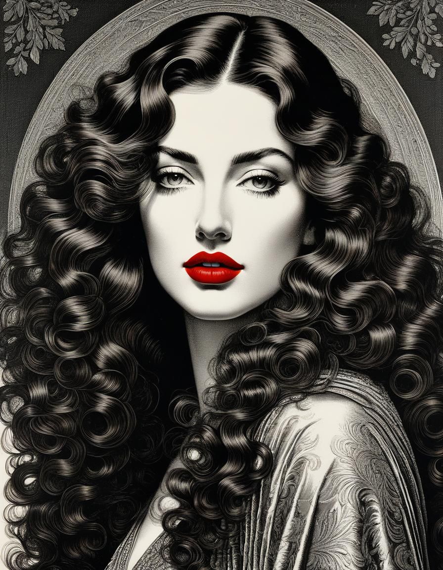 Brunette with Red Lipstick in Fra Lippo Lippi Etching