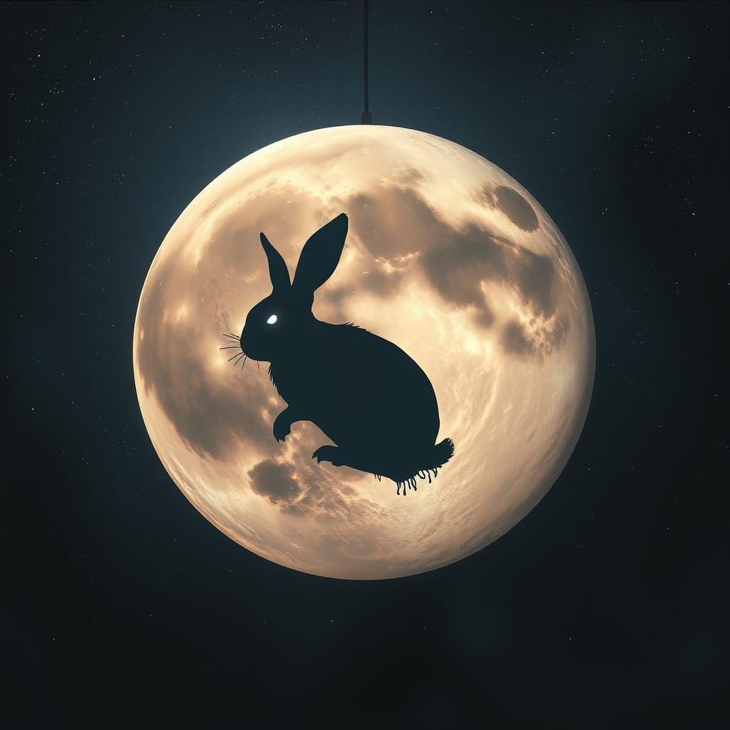Sinister Moon with Ghostly Rabbit Silhouette
