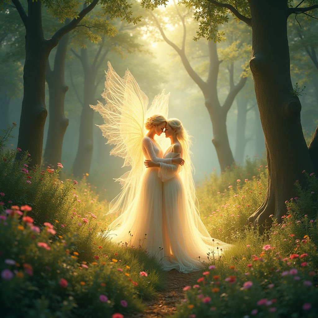 Ethereal Figures Embrace in Enchanted Forest, Dreamlike Art