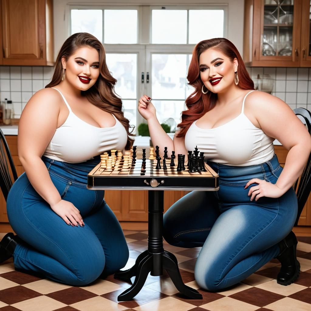 Two Curvy Women Play Chess in Elaborate Kitchen