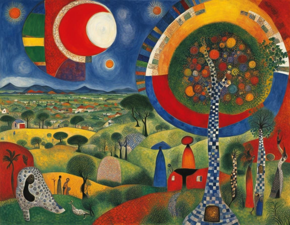 Vibrant African Landscape Inspired by Chagall and Hundertwas...