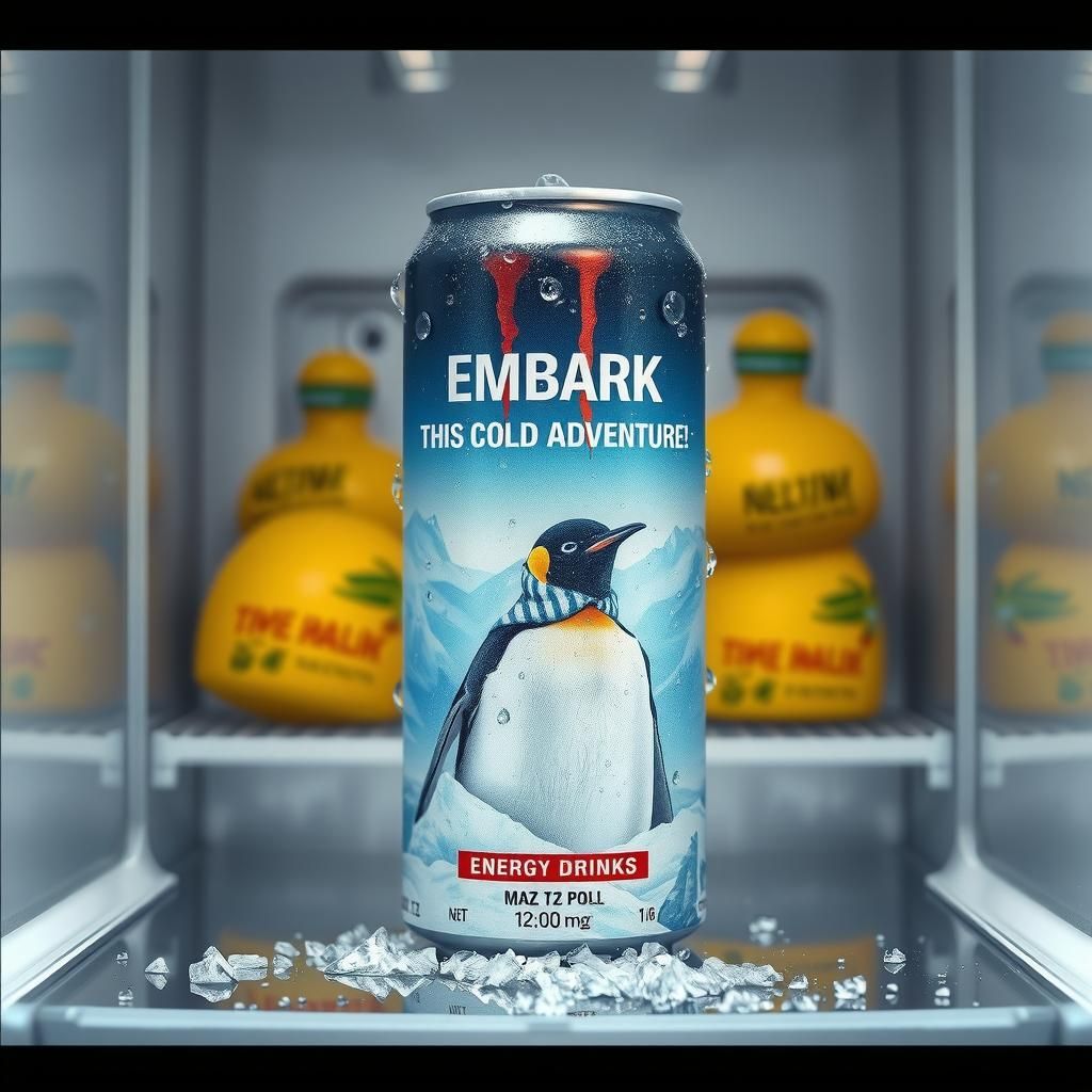 view of a can of energy drink with the packaging of a pengui...
