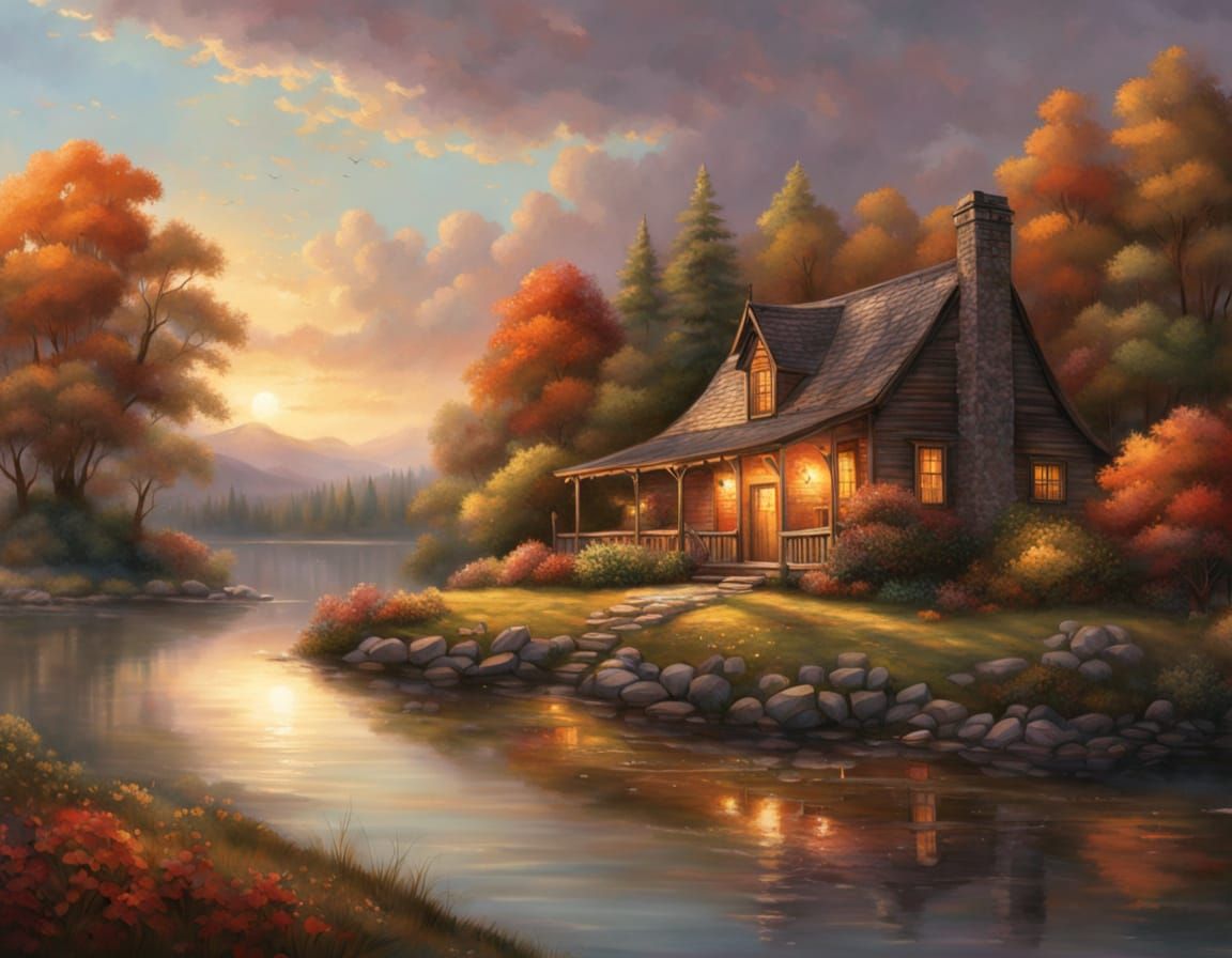 Cozy Cottage by Serene Lake at Sunset