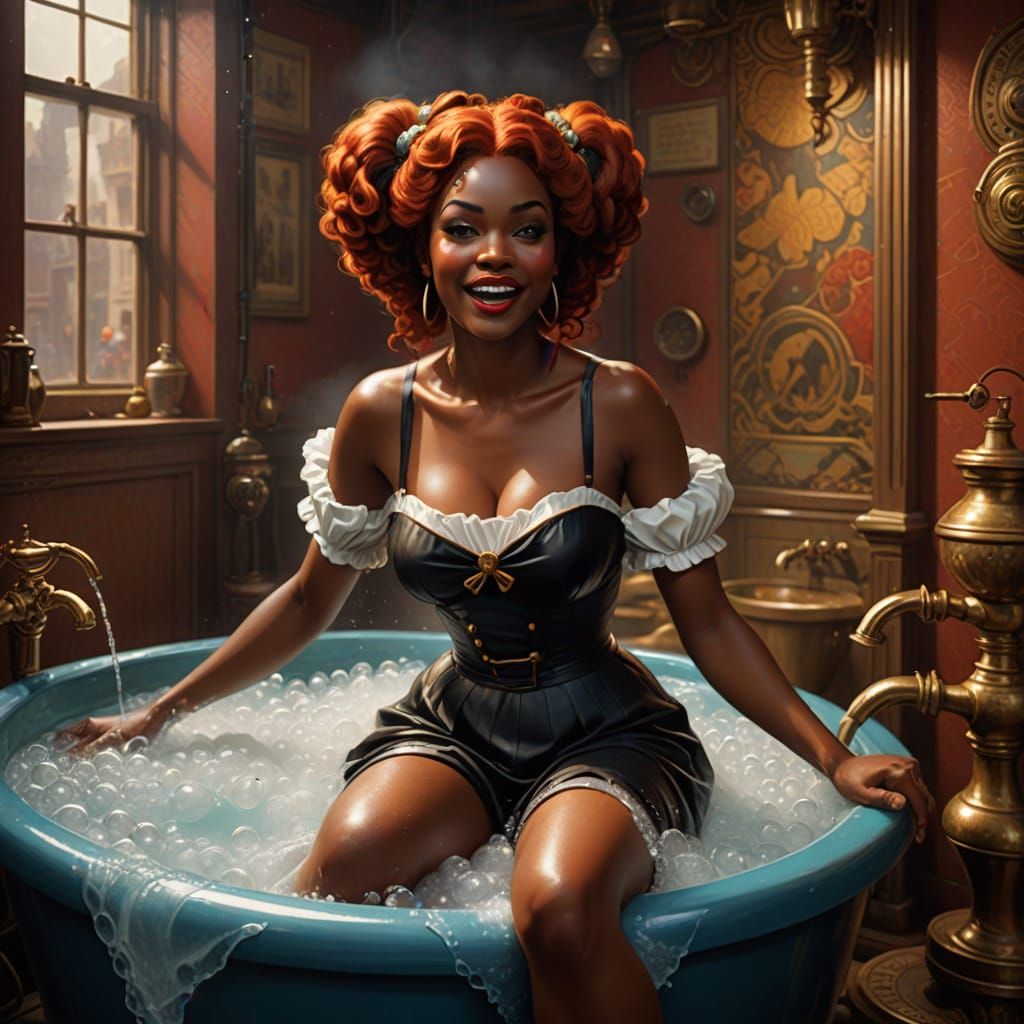 Ebony Goddess in Foamy Bliss, Digital Art in 1960s Cartoon S...