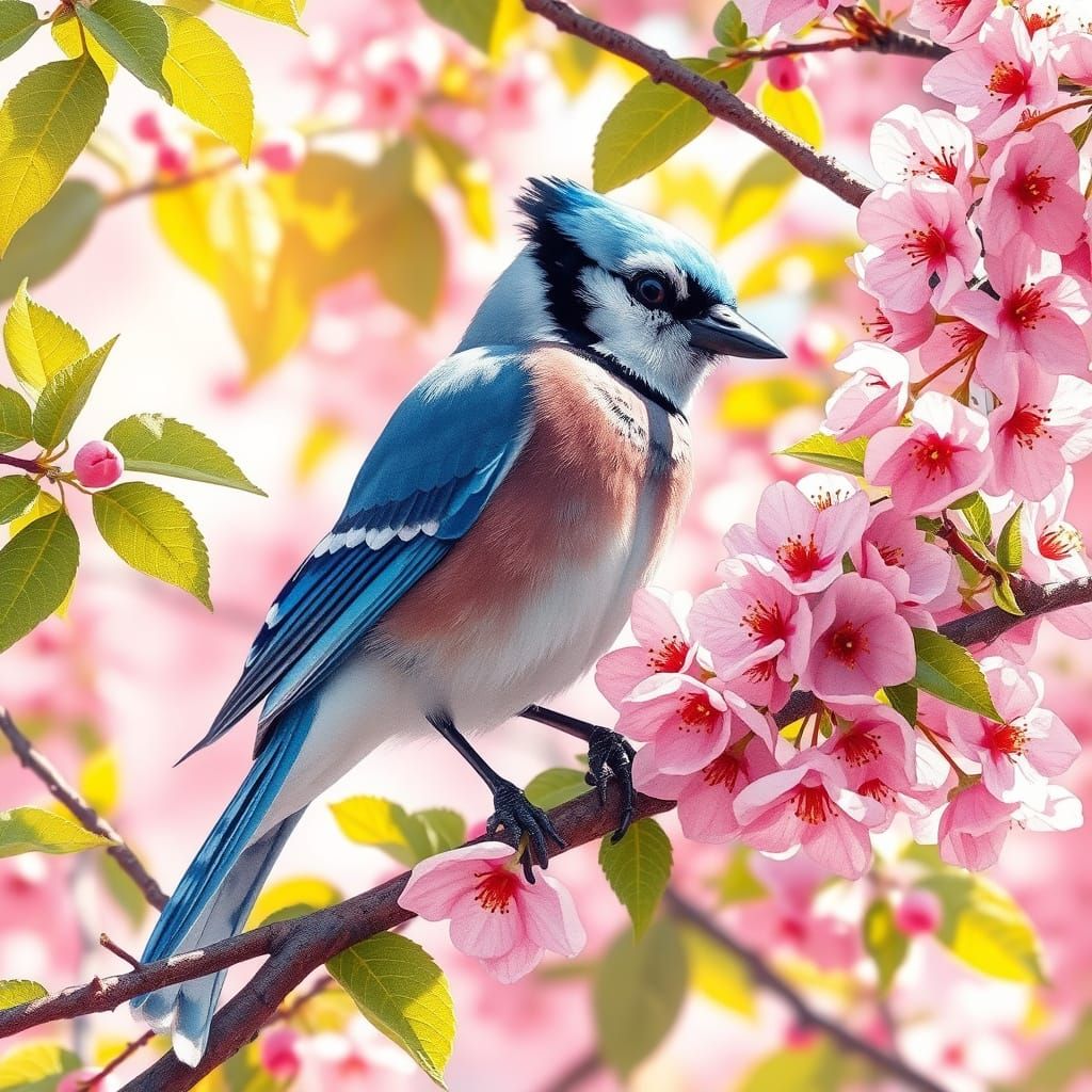 Whimsical Bluejay Amidst Cherry Blossoms in Watercolor Style