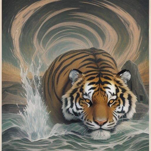 Surreal Tiger in a Desolate Dreamscape with Turbid Waters