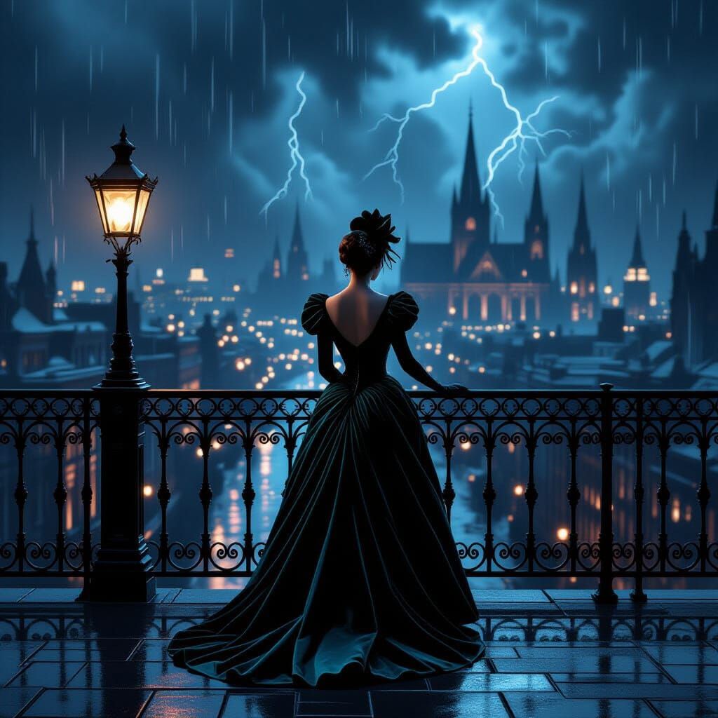 Skunk Woman on Balcony Overlooking Gothic Cityscape