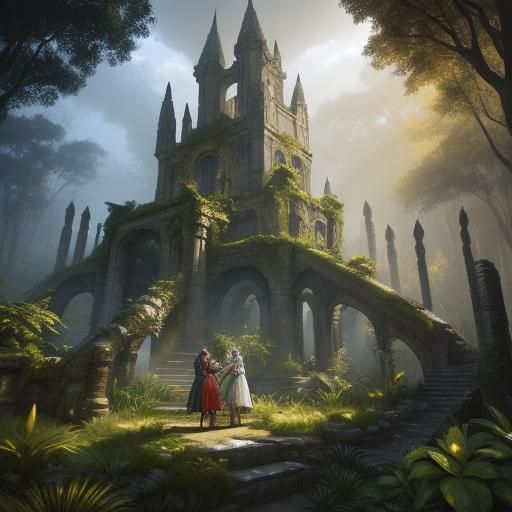 Mystical Garden: Couple Embrace in Fantasy Art