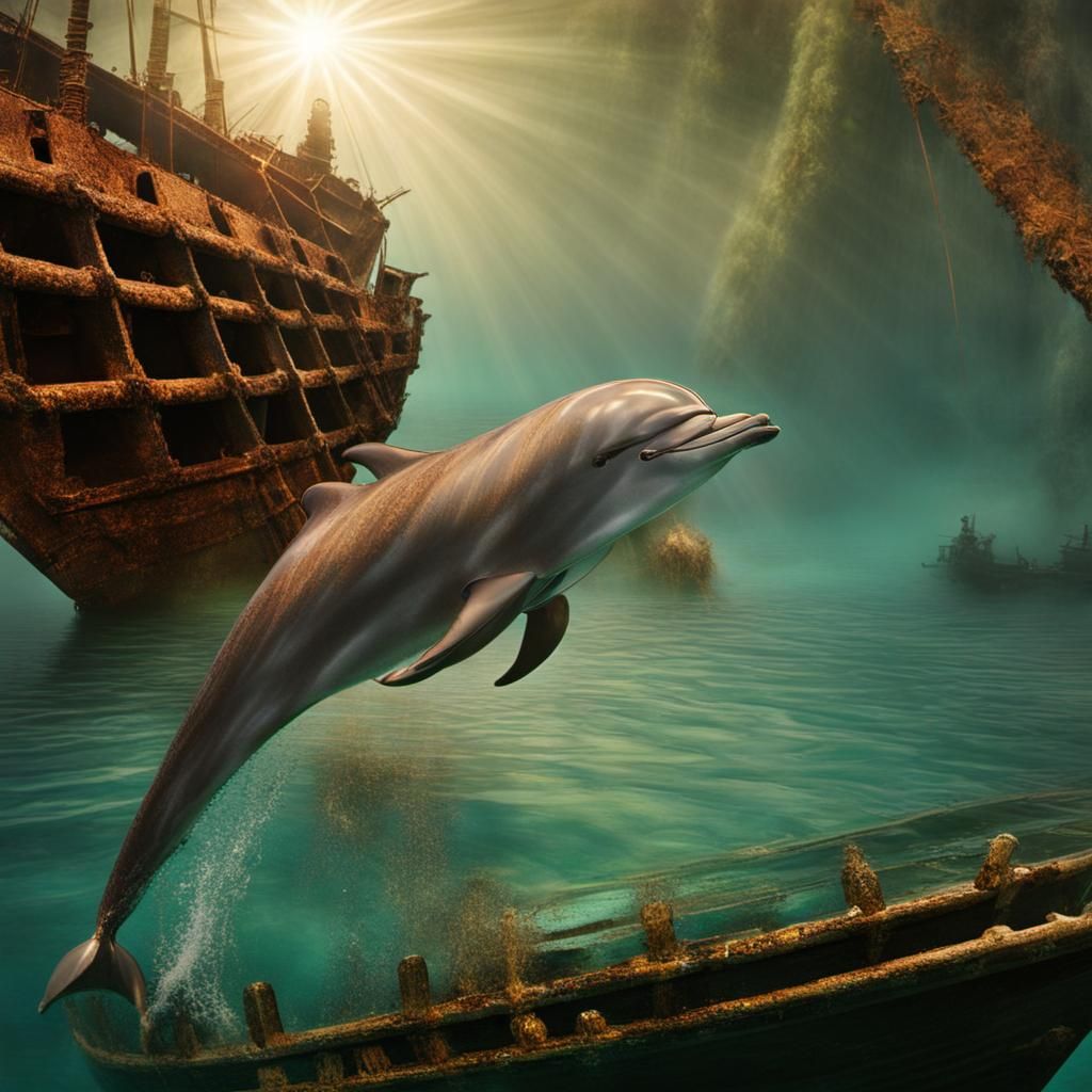 Dolphin Escapes Shipwreck: Epic Digital Matte Painting