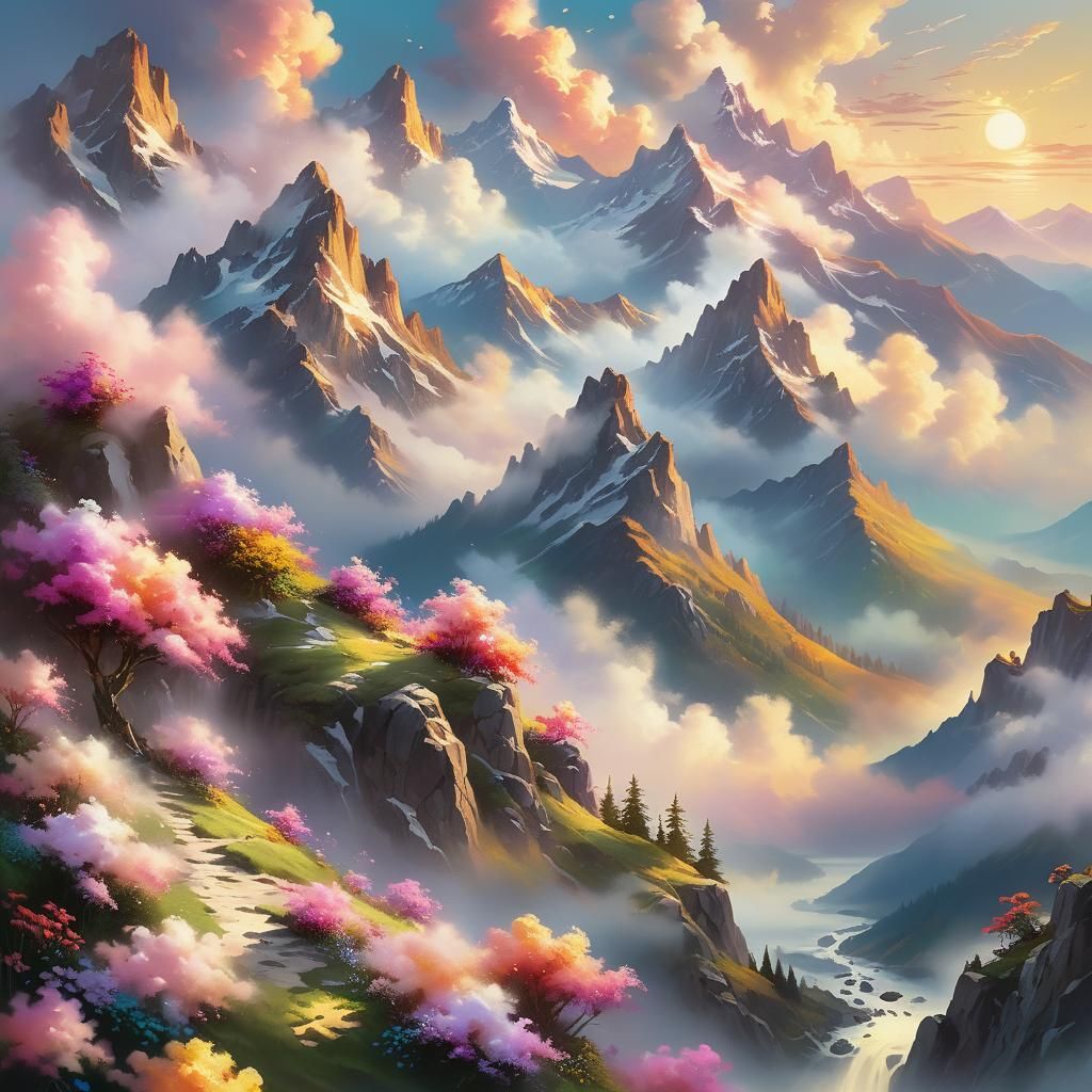 Ethereal Flower Clouds Over Mountain Landscape