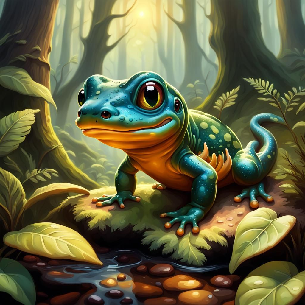 Adorable Cartoon Salamander in Forest, Oil Painting Illustra...