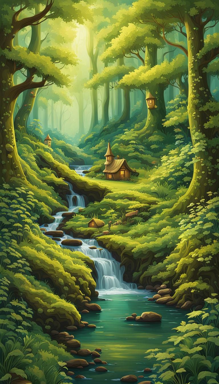 Enchanted Forest Scene with Gnomes and Fairies
