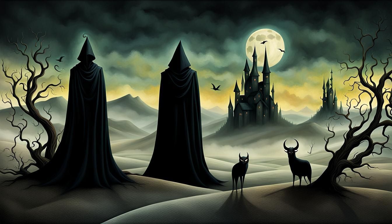 Grim Reaper and Devil in Surreal Landscape