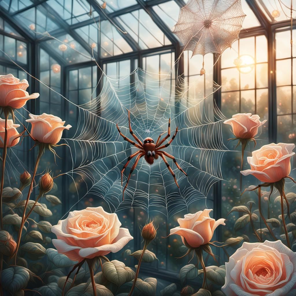 Spider's Delicate Rose Web in Glasshouse