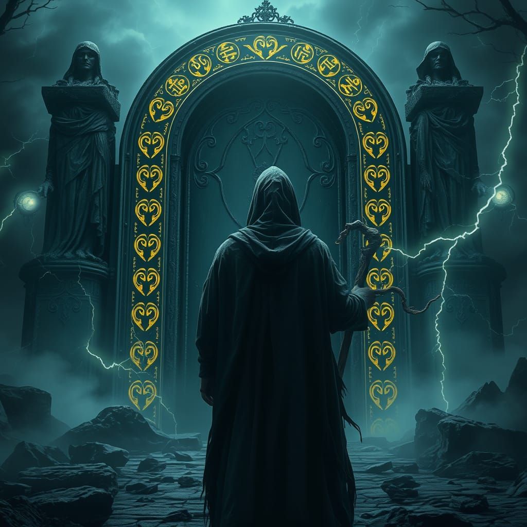 Mysterious Figure Stands Before Dark, Obsidian Gate in Gothi...