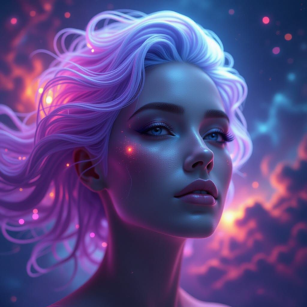 Luminous Wire Human Face Portrait with Cosmic Background